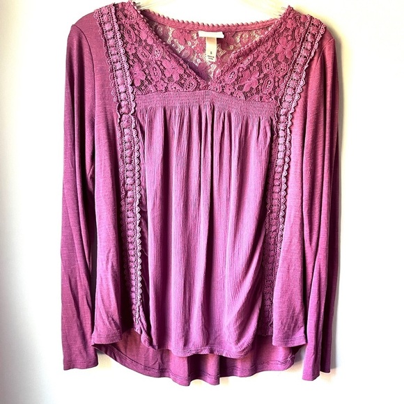 🏷️ 2/$20 Lace Yoke Dusty Lilac Boho Blouse - Picture 1 of 7